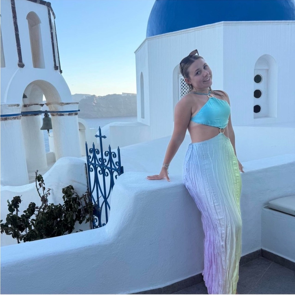 Baobab Collection Pastel Ombre Backless Halter Maxi Dress in Aqua and Lavender